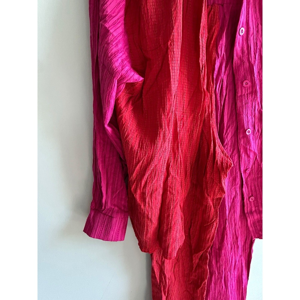 Women's 2 Pc Crinkle Texture Wide Leg Pants Shirt Oversized Color Block - Picture 6 of 8